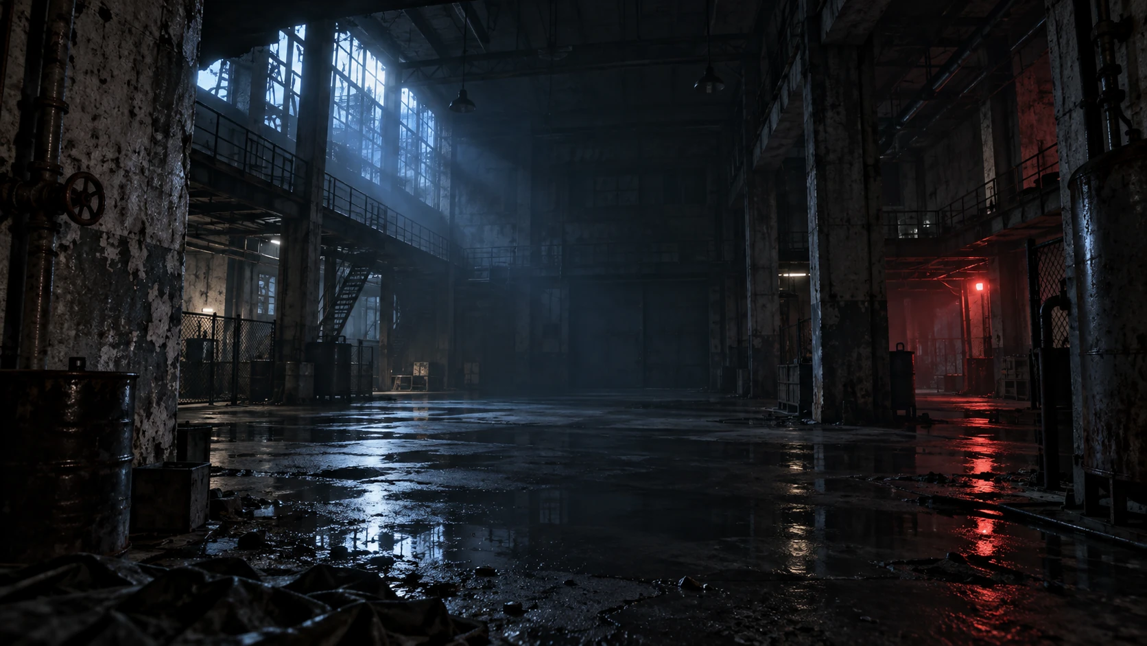 Original artwork of an abandoned industrial warehouse lit in blue and red