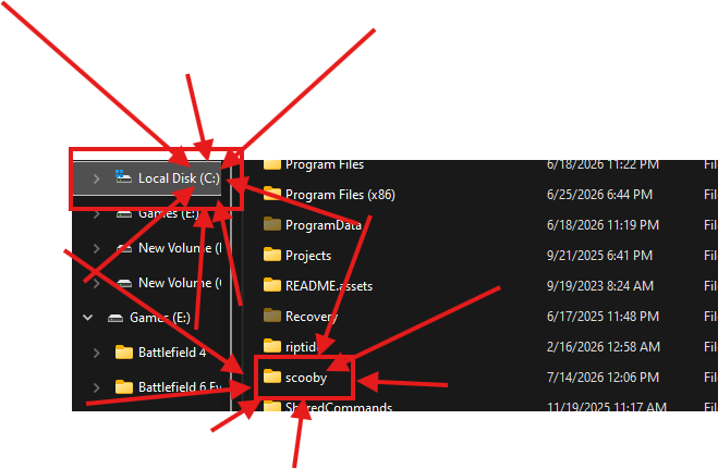 Windows File Explorer showing Local Disk (C:) with the scooby folder highlighted for deletion