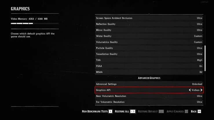 Red Dead Redemption 2 graphics settings with the Graphics API option highlighted, currently set to Vulkan