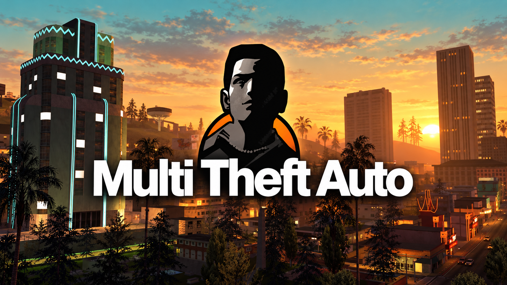 Multi Theft Auto logo over the Los Santos skyline at sunset