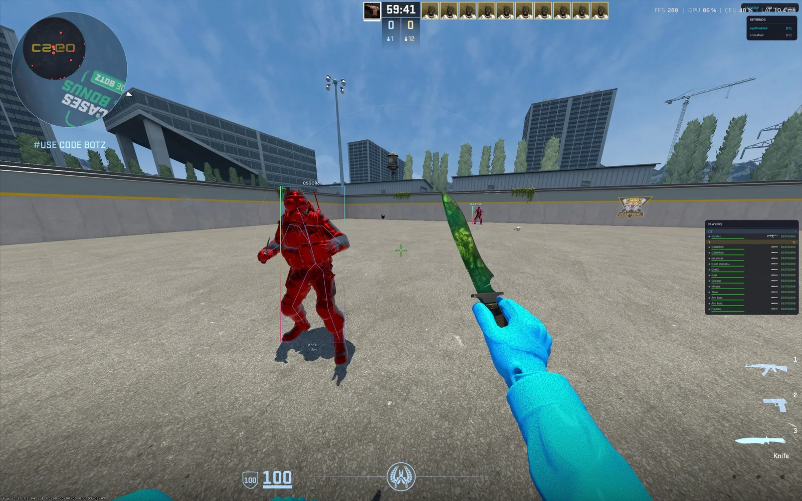 CS2 ESP box, skeleton and chams with a knife skin and gloves applied by the skin changer