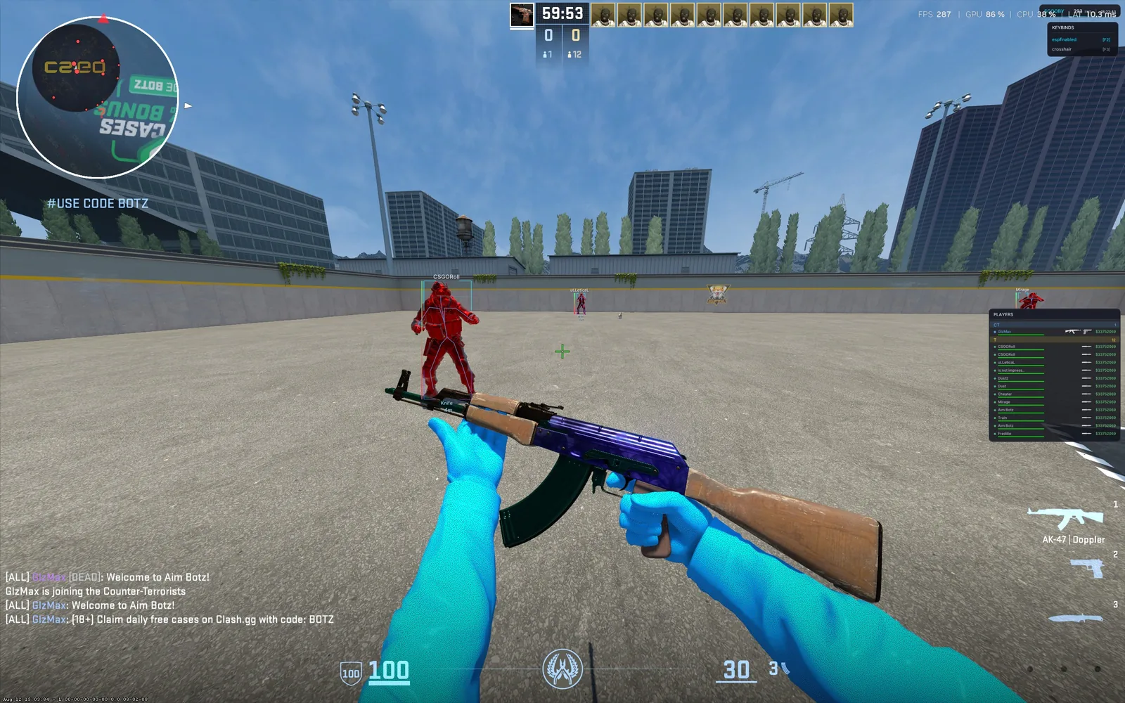 CS2 ESP with an AK-47 Doppler skin and custom gloves from the skin changer