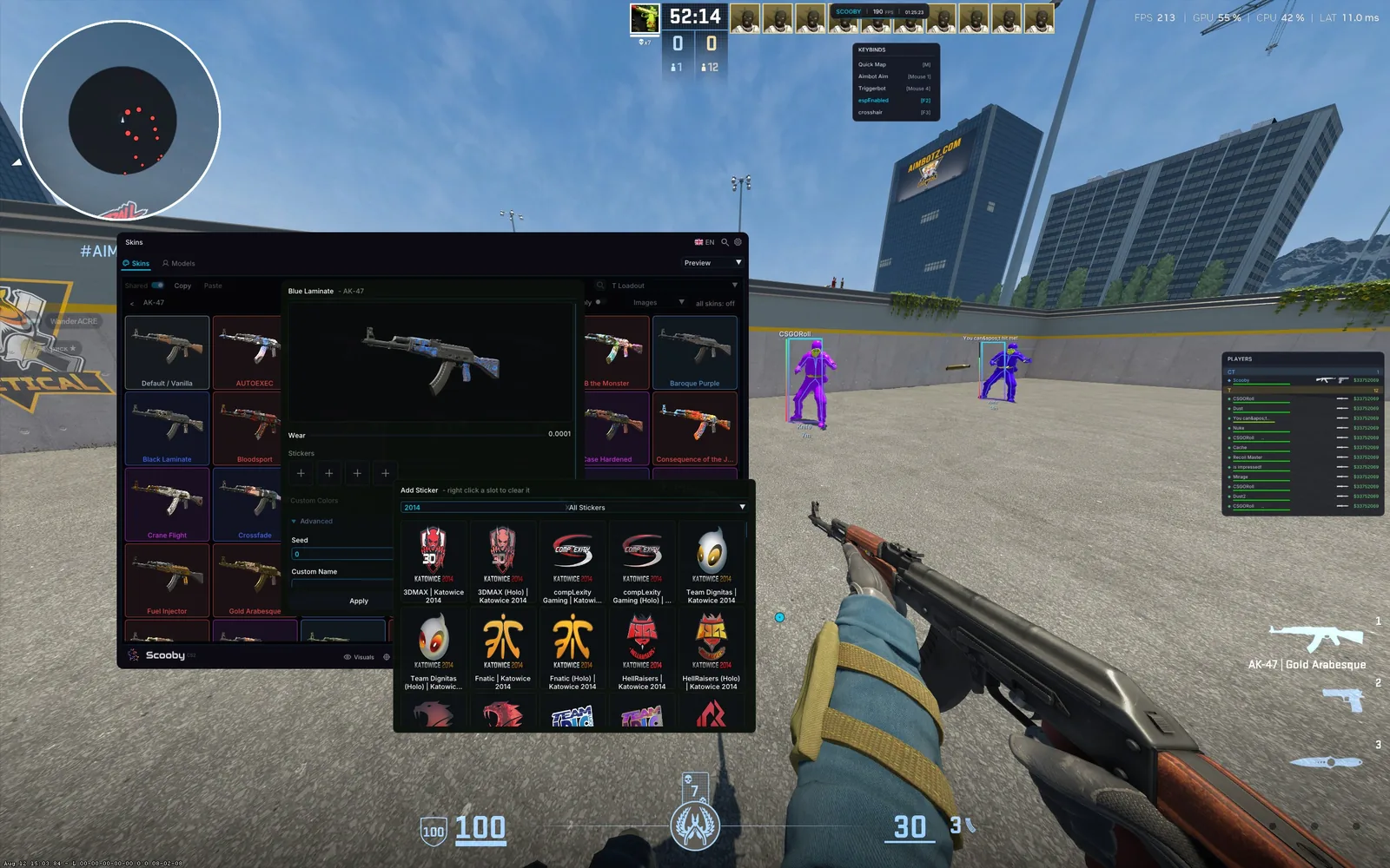 Scooby CS2 skin changer editing an AK-47 with wear, seed, custom name and Katowice 2014 stickers