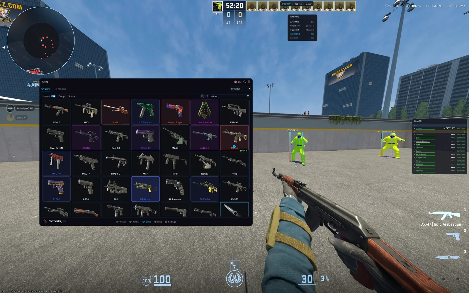 Scooby CS2 skin changer loadout grid showing every weapon, with chams on enemy players