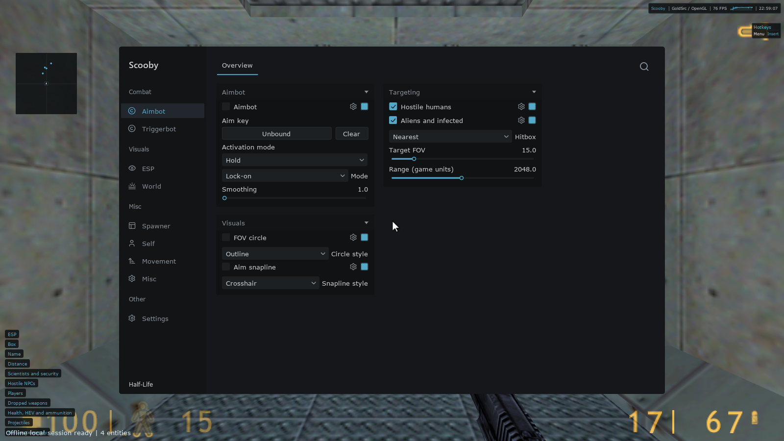 Scooby Aimbot page in original Half-Life showing aim key, Hold activation, Lock-on mode, smoothing, target filters, hitbox, FOV and range controls.