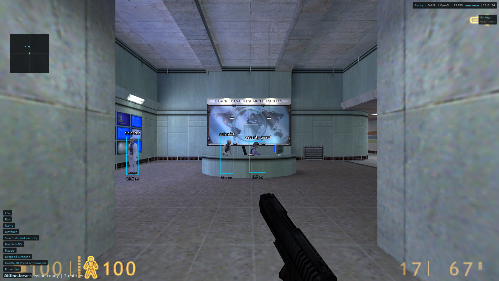 Original Half-Life gameplay at Black Mesa reception showing two scientists and a security guard with ESP boxes, names, distances and radar.