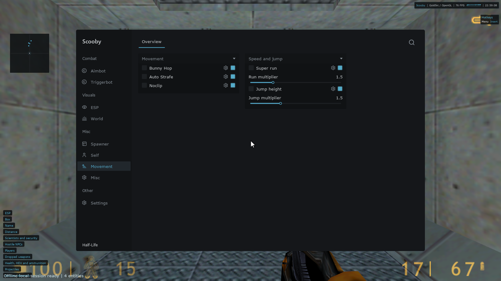 Scooby Movement page in original Half-Life showing Bunny Hop, Auto Strafe, Noclip, Super run and Jump height controls.