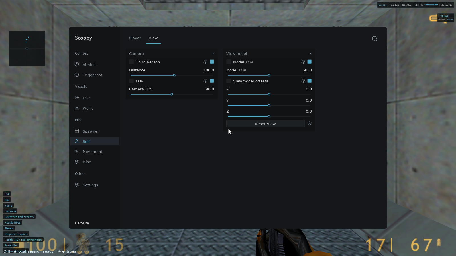 Scooby Self View page in original Half-Life with third-person camera distance, camera FOV, model FOV and X, Y and Z viewmodel offsets.