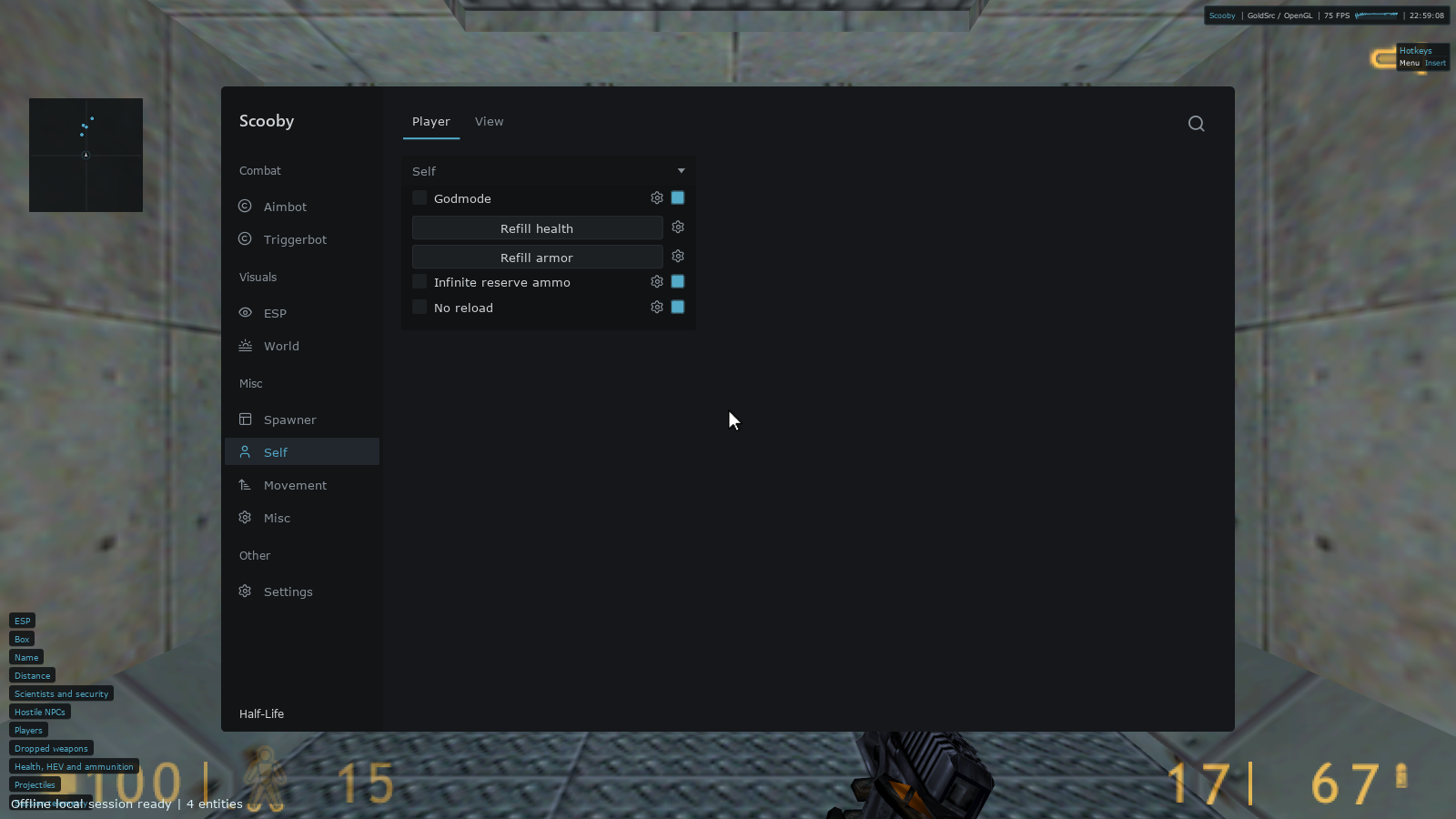 Scooby Self Player page in original Half-Life showing Godmode, Refill health, Refill armor, Infinite reserve ammo and No reload.