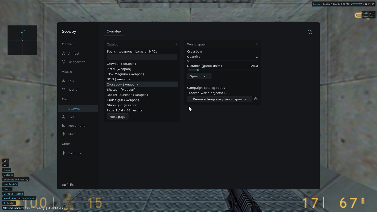 Scooby Spawner open in original Half-Life, with Crossbow selected in the catalog and separate quantity, distance, Spawn item and cleanup controls.