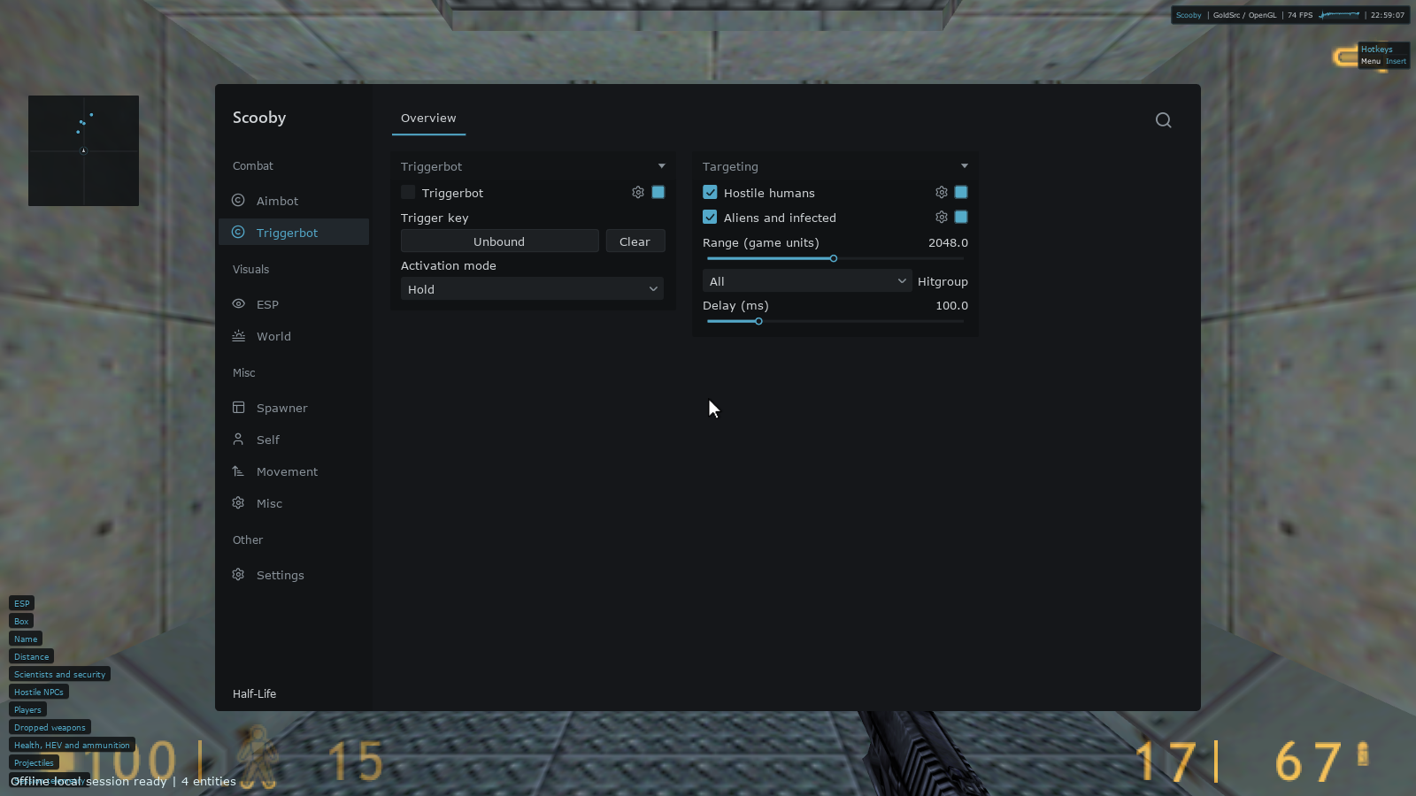 Scooby Triggerbot page in original Half-Life showing its separate trigger key, activation mode, target filters, range, hitgroup and delay.