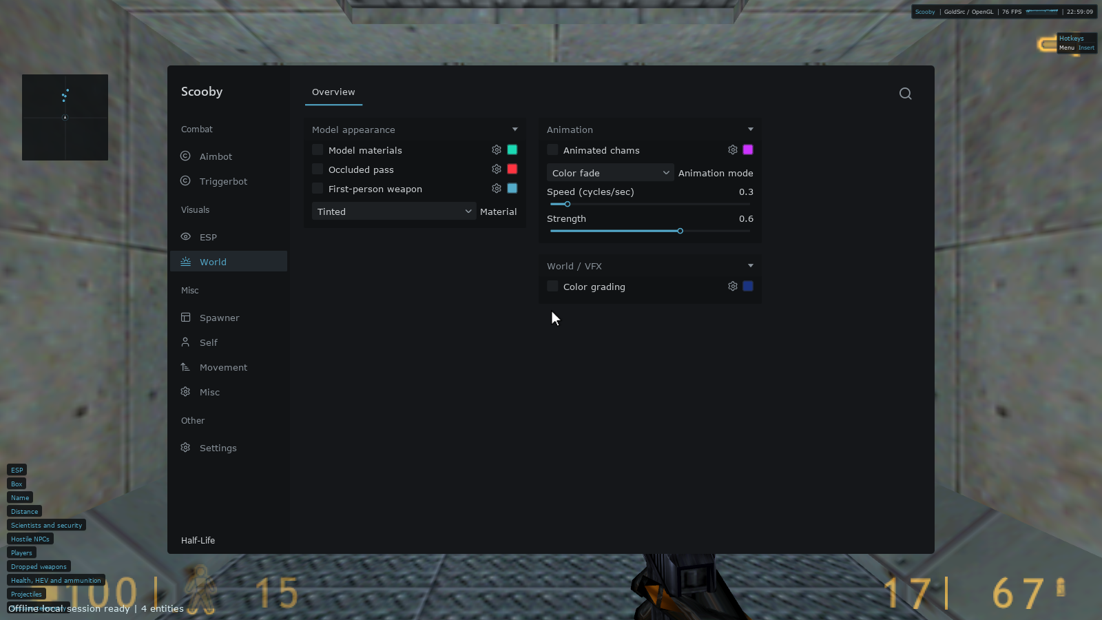 Scooby World page in original Half-Life showing model materials, occluded pass, first-person weapon materials, animated chams and color grading settings.