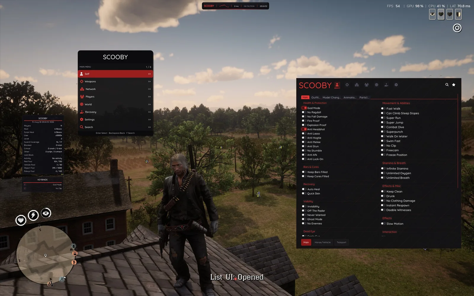 Scooby RDR2 running both interfaces at once - the ListUI main menu beside the ClickUI panel