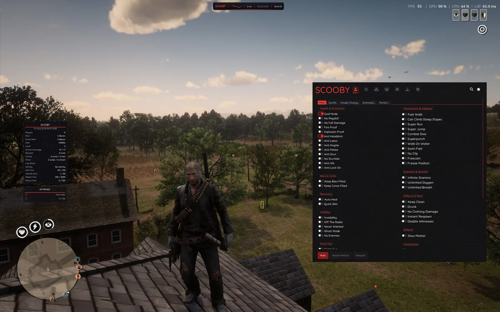 Scooby RDR2 menu open on the Main tab with God Mode and Anti Headshot enabled