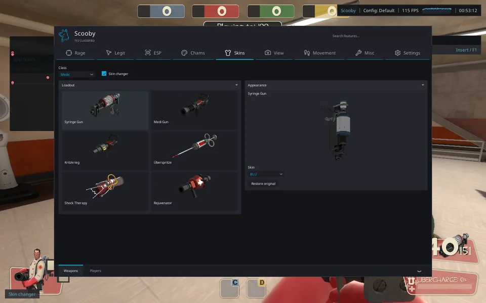 TF2 Classified in-game: the Skins menu open on Hydro, with the Medic weapon catalog.