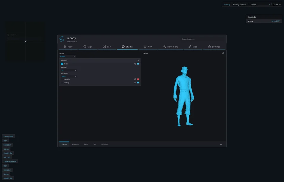 Retail TF2 interface preview: player chams controls and the class model preview.