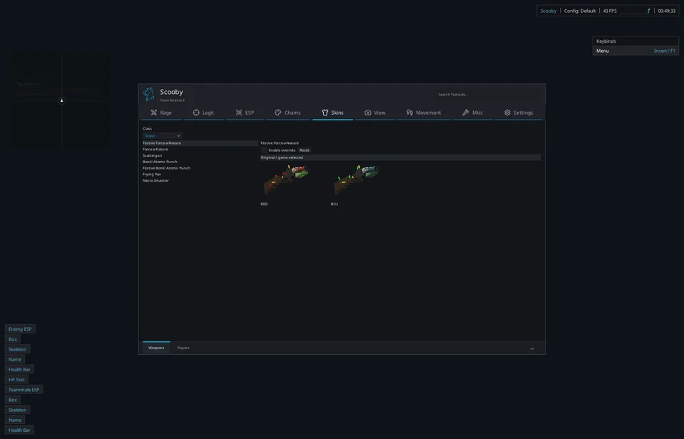 Retail TF2 interface preview: the class weapon skin catalog and appearance controls.