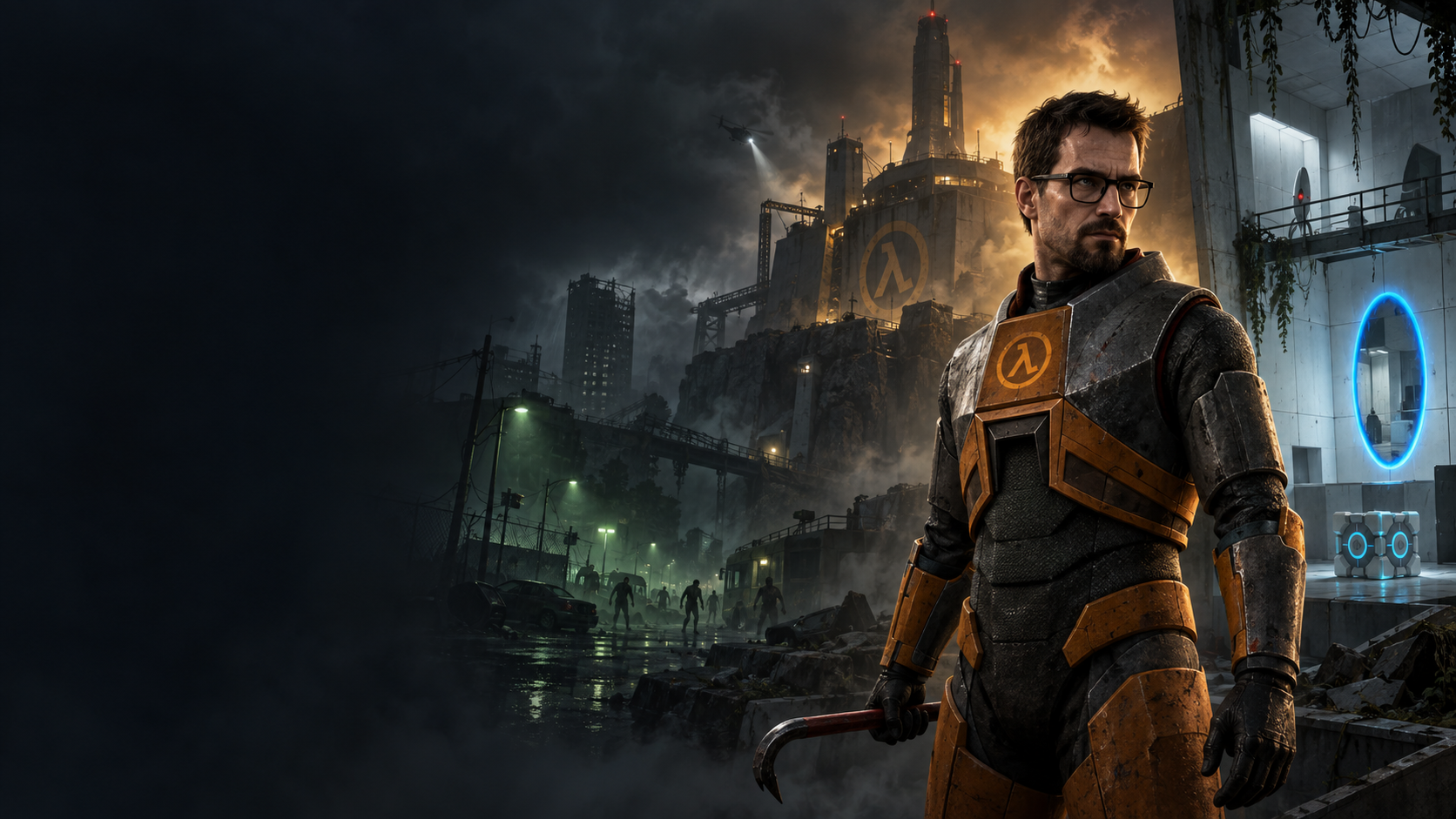 Gordon Freeman in his HEV suit, between a Half-Life industrial complex, a glowing Portal chamber and an abandoned city