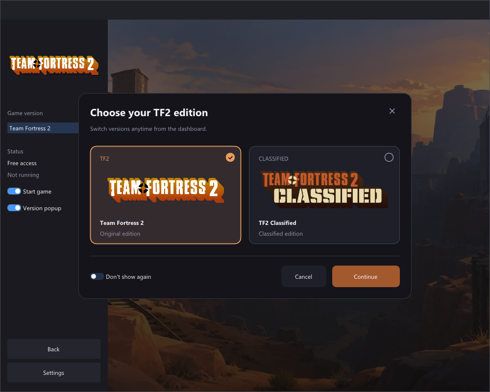 Scooby Launcher’s TF2 edition picker with retail and Classified cards, a Don’t show again toggle and Continue button.